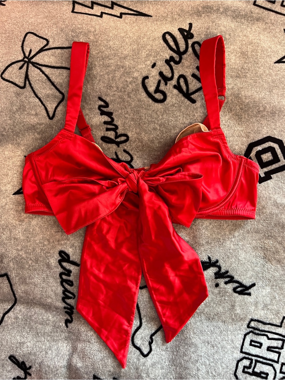 Adore Me Vibrant Red Sexy Bow Bra Size 0X, with matching holiday panties Size 1X
